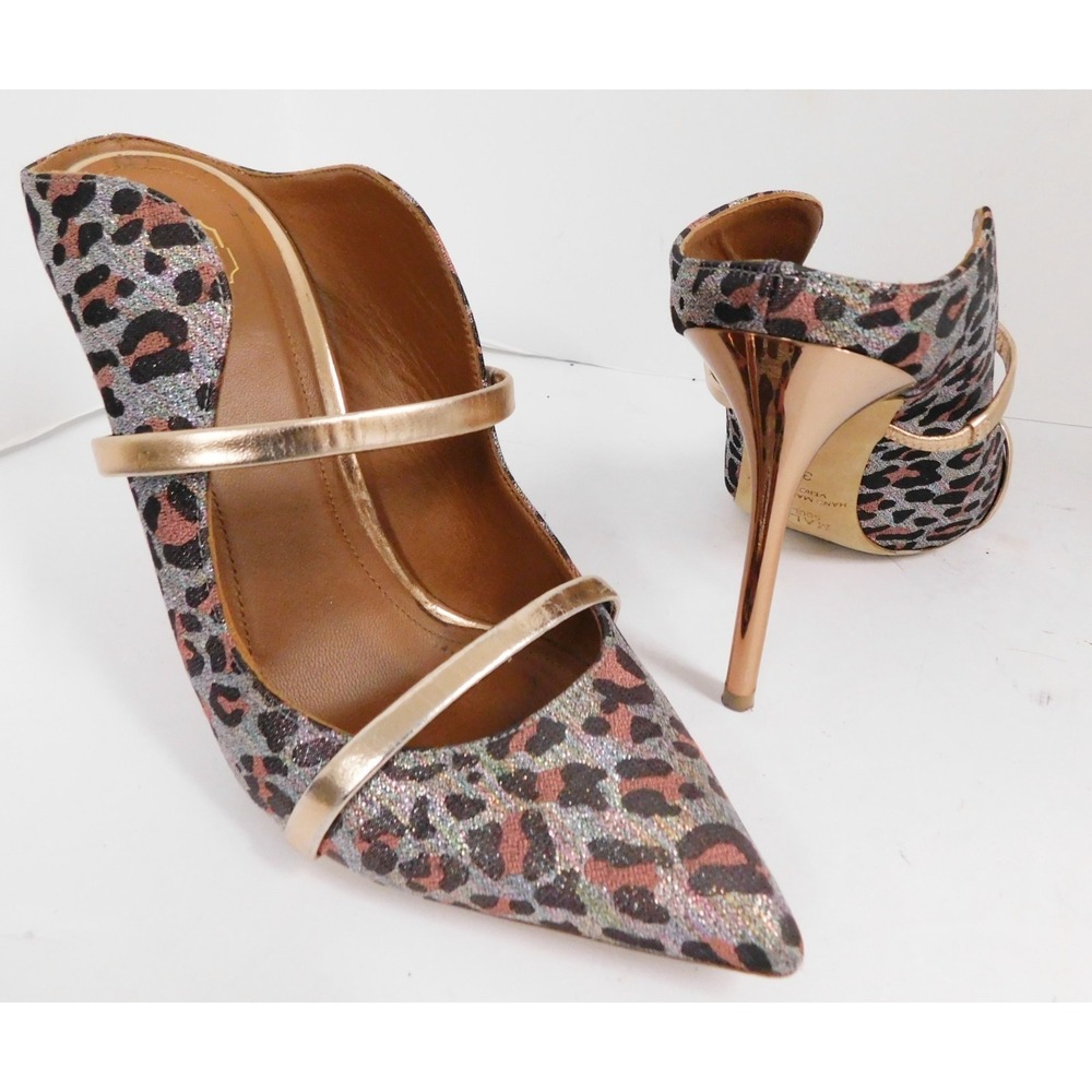 MALONE SOULIERS Rose Gold Leopard Print Maureen Stiletto Mules $825rt sz 38.5